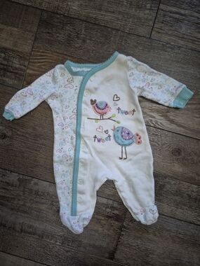 BabiesRUs White & Aqua Bird Print Footed One-Piece